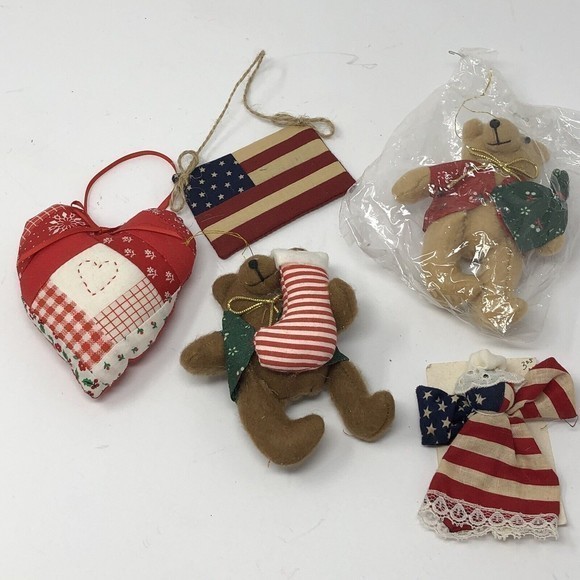 Vintage Fabric Stuffed Christmas Tree Ornaments Set 5 Bears Heart Flag Angel‎ - Picture 1 of 12